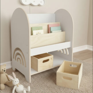 Montessori-Bibliothek Regenbogen, Holzregal für Bücher und Spielzeug