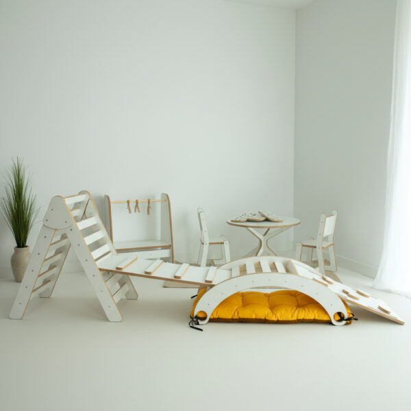 Montessori Wippe L und Pikler aus Holz – CE-zertifiziert, Set mit Kissen, Kletterwand & Rutsche, kostenloser Versand